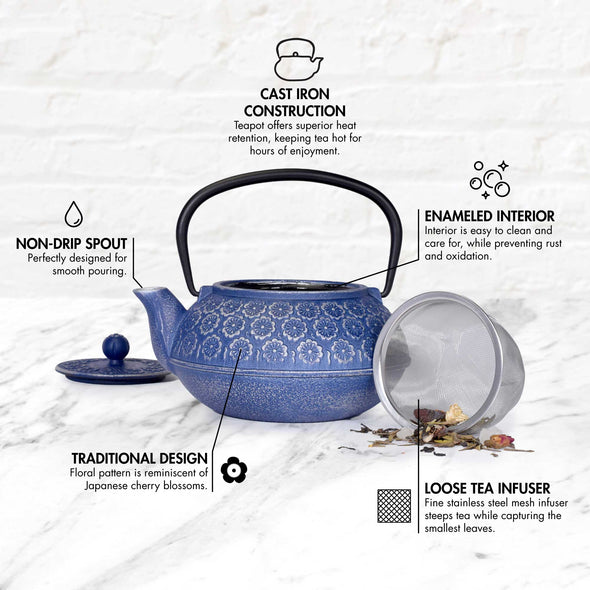 Floral 34 oz. Cast Iron Teapot - Blue - Primula