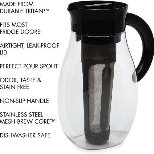 FlavorUp Cold Brew / Iced Tea Pitcher made from durable Tritan, fits most fridge doors, air tight leak proof lid, perfect pour spout odor, taste, and stain free. Non slip handle, stainless steel mesh brew core, dishwasher safe
