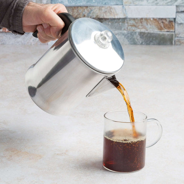 Stovetop Coffee Percolator pouring coffee into mug