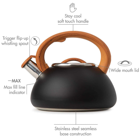Avalon Whistling Kettle, 2.5 Qt, Locking Spout, Stay Cool Handle - Primula