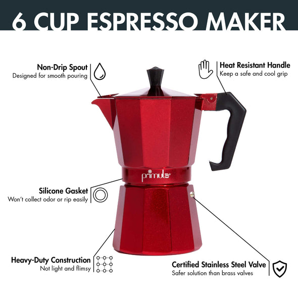 Espresso Maker, 6 Cup, Moka Pot for Classic Italian Style Café Brewing - Primula
