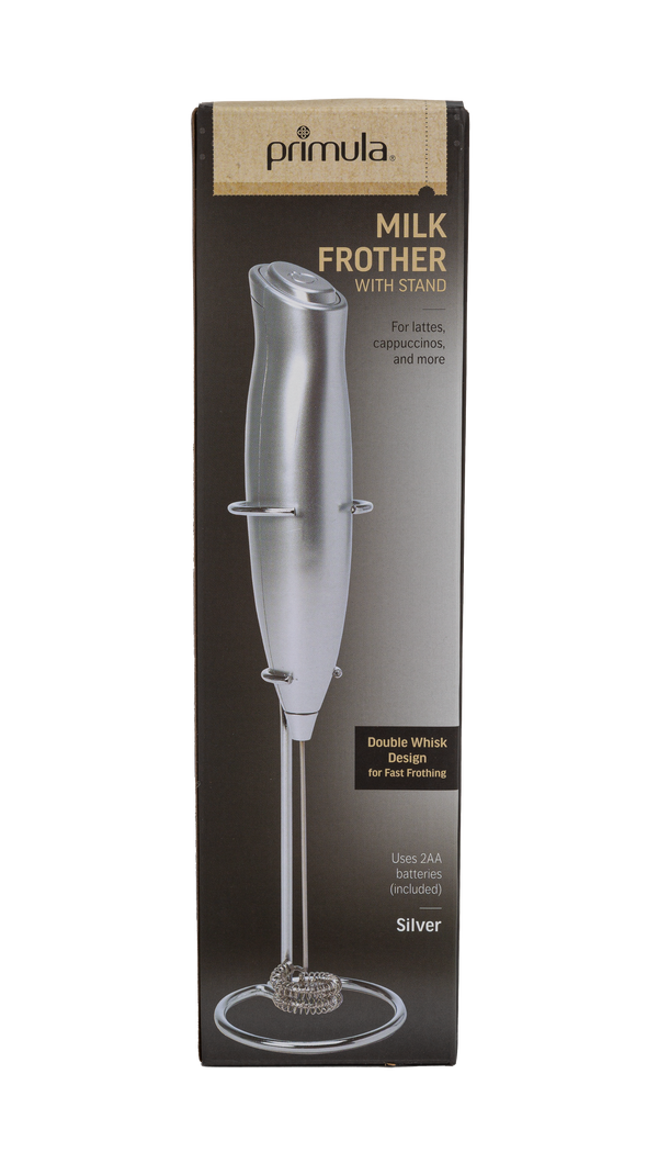 Milk Frother with Stand, Silver, Double Whisk Design for Lattes, Cappuccinos & More - Primula