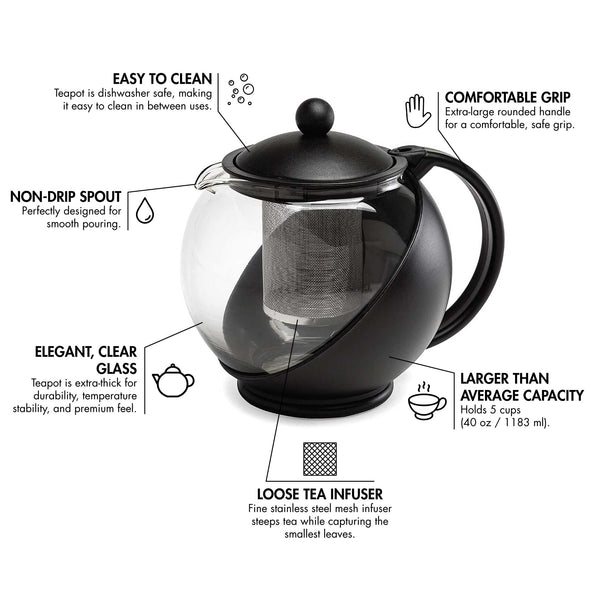 Half Moon Teapot, 40 Oz, Stainless Steel Filter, Dishwasher Safe - Primula