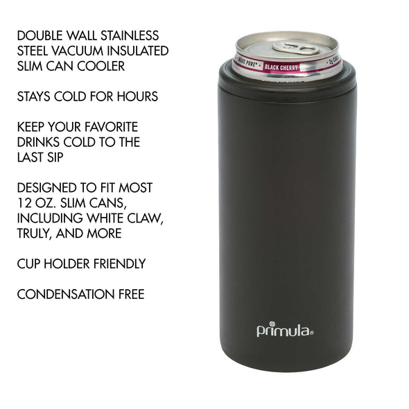 Slim Can Cooler Double Wall Insulated SS Bottle w Built in Handle/Ring Lid