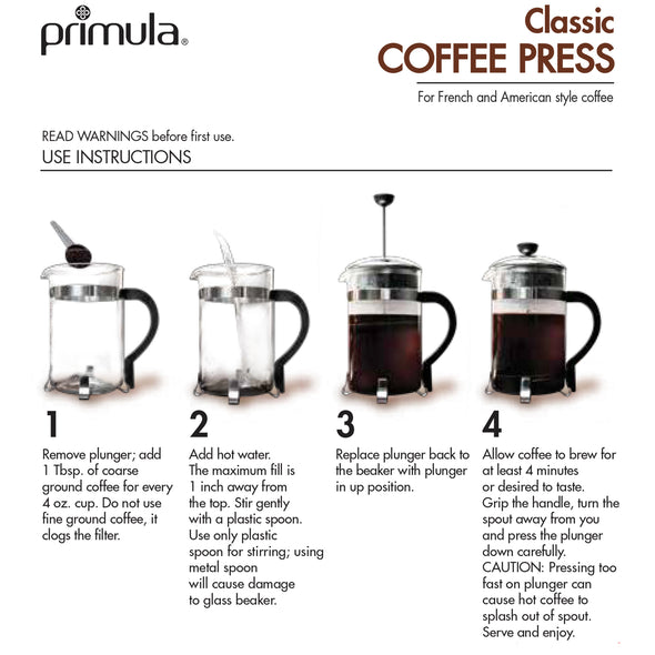 Classic Coffee Press, 4 Cup, Heat Resistant Knob, Stay Cool Handle - Primula