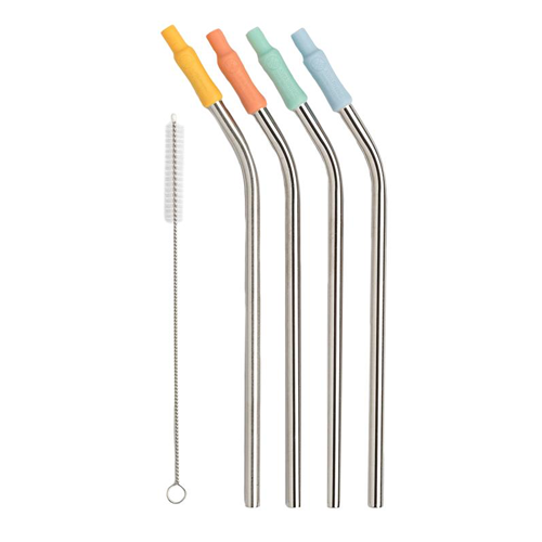 4 Piece Stainless Steel Bent Straw with Silicone Set on white background