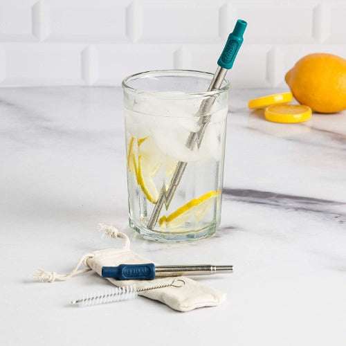 Collapsible Stainless Steel Straws with Silicone Tips, Cleaning Brush, Travel Bag in lifestyle setting