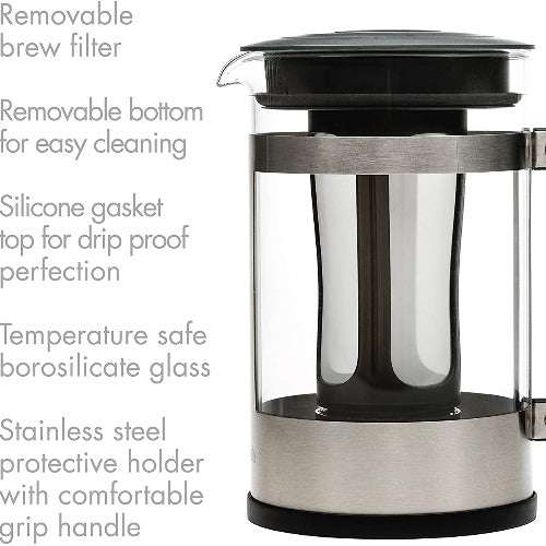 The Kedzie Cold Brew Maker features a removable brew filter, removable bottom for easy cleaning, silicone gasket top for drip proof perfection, temperature safe borosilicate glass, and a stainless steel protective holder with comfortable grip handle