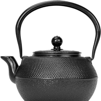Hammered Cast Iron Teapot with Enameled Interior Lid and Stainless Steel Mesh Infuser on white background