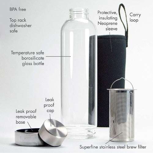The Primula Cold Brew bottle, displaying the glass botte, neoprene insulating sleeve, carry loop, leak proof base and cap, and superfine stainless steel brew filter.