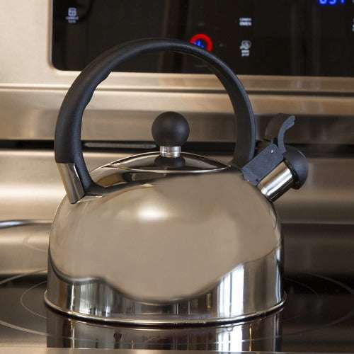 Primula Stewart Whistling Stovetop Tea Kettle Food Grade Stainless Steel, Hot Water Fast to Boil, Cool Touch Folding, 1.5 qt, Brushed with Black
