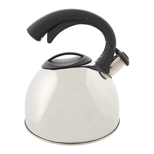 Primula Stewart Whistling Stovetop Tea Kettle Food Grade Stainless Steel,  Hot Water Fast to Boil, Cool Touch Folding, 1.5-Quart, Brushed with Black