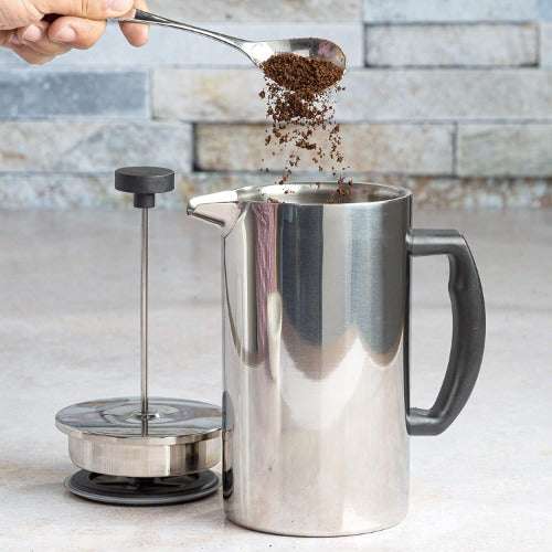 Lexington Double Wall Stainless Steel Coffee Press adding in coffee grinds