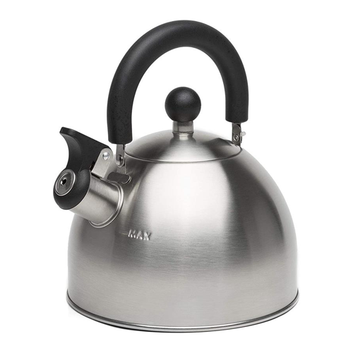 Primula Stewart Whistling Stovetop Tea Kettle Food Grade Stainless Steel, Hot Water Fast to Boil, Cool Touch Folding, 1.5 qt, Brushed with Black