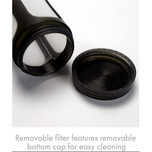 The reusable cold brew filter, features a removable bottom cap that screws off for easy cleaning.
